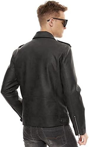Fahsyee Leather Jackets for Men, Faux Bomber Jacket Men Motorcycle Lapel Asymmetric Zip-Up Blet Slim Fit Biker Coat