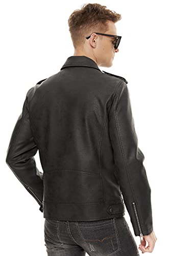 Fahsyee Leather Jackets for Men, Faux Bomber Jacket Mens Motorcycle Lapel Asymmetric Zip-Up Belt Slim Fit Biker Coat