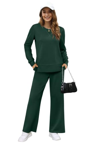 Image of OFEEFAN Women's 2 Piece Lounge Set Travel Airport Outfits Side Slit Tracksuit Wide Leg Loungewear Baggy Comfy Sweatsuit S-3XL