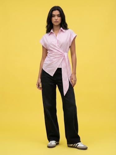 Image of Wrap Style Striped Women Cotton Shirt Drop Shoulder Casual Wear