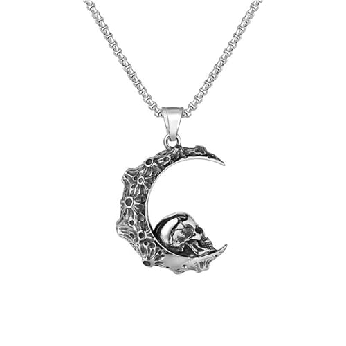 Collier pendentif crâne et lune au design gothique et finitions rétro