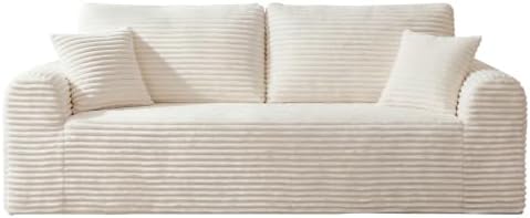 Modern 3 Seater loveseat Sofa, Comfy Deep Seat Boneless Couch with 2 Pillows, Plush Corduroy Fabric couches for Living Room, Bedroom and Apartment (White, 86.6" Seater Sofa)