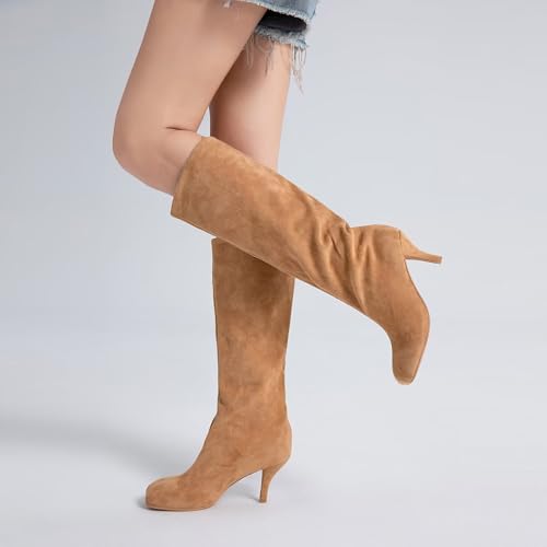 Suede Boots Wide Calf Boots with Slim High Heels Square Toe Stiletto Boots Straight Tall Boots Slouchy Boots Women's Knee High Boots4