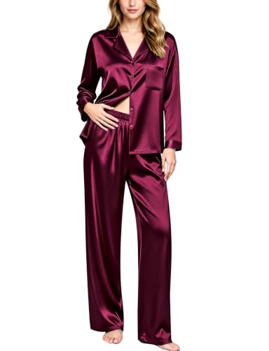 Image of SWOMOG Long Sleeve Pajamas Set Silk Satin Sleepwear Button Down Pjs Loungewear with Pocket