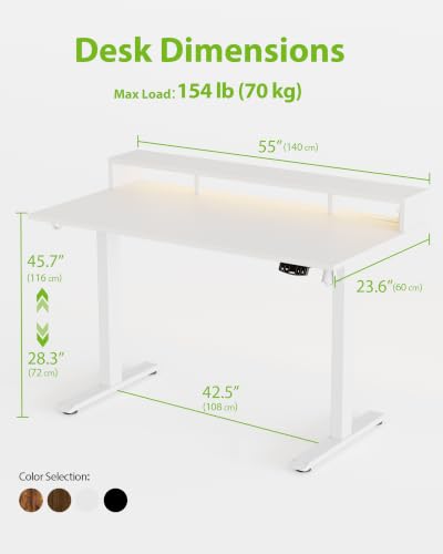 Image of Agilestic 55 x 24 Inch Electric Standing Desk with Shelf, Height Adjustable Desk with Power Outlets & LED, Sit Stand Up Table with Monitor Stand, Computer Workstation, White