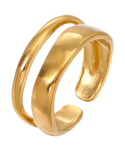 Positiva Jewelry Offener Bandring Damen – Verstellbarer 18K Vergoldeter Edelstahlring, Wasserfest, Hautfreundlich, Doppelring Design, Trendiger Statement Ring als Geschenk für Frauen (Gold)
