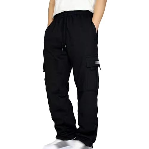 Men's Baggy Cargo Sweatpants Plus Size Drawstring Straight Leg Work Pants with Pockets Jogger Hiking Pants (Black,Medium)