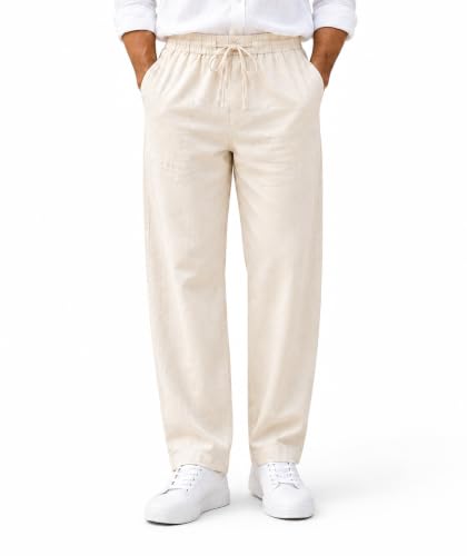 Buy GLOSY Linen Pants for man | Relaxed Fit Casual Trousers for Men | Men's Lightweight Breathable Pants | Elastic Waist with Drawstring | All Season Pant for Regular, Travel & Office Wear Cream at Amazon.in - Image 2