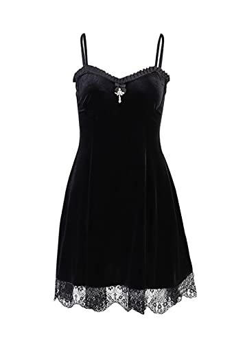 Goth Retro Court Spitze Laterne Langarm Hollow-Out O Neck Pure Black Temperament Samt Midi Kleid, 01-lace dress black, L