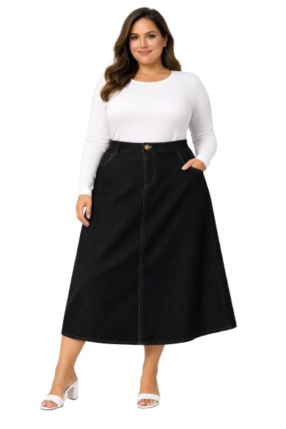 Womens Black Plus Size Mid-Waist with Zip Denim A-Line Maxi Skirt 39900-picture-17