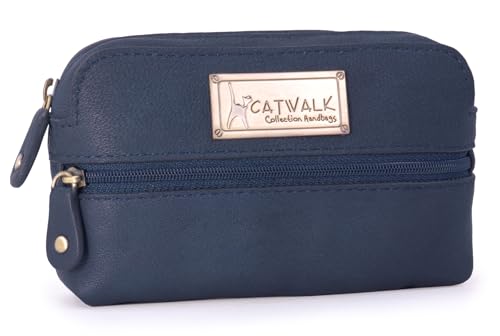 Catwalk Collection Handbags - Damen Leder Make - Up Tasche Klein - Kosmetiktasche für Handtasche - Multifunktional Beutel für Reise - Savannah - Blau
