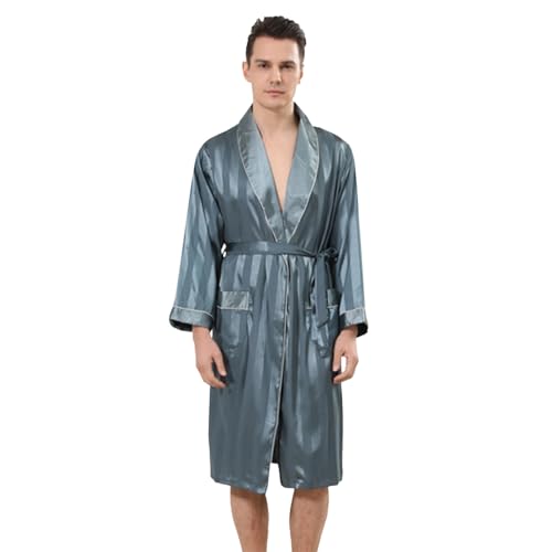 Albornoz Kimono Ligero de Seda Hombre Satén de Manga Larga Camisa de Noche Hombre Albornoz y Ropa Interior con Cinturón Juego de Dos Piezas con Elegantes Pantalones Cortos Casa de Lujo