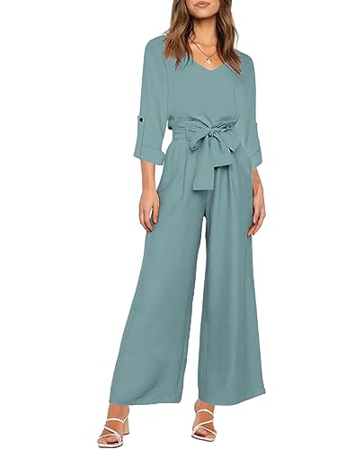 Traje Casual de 2 Piezas para Mujer Camiseta sin Mangas de Manga Larga Pantalones de Cintura Alta con Bolsillo Pantalones y Blusa Haze Azules XL