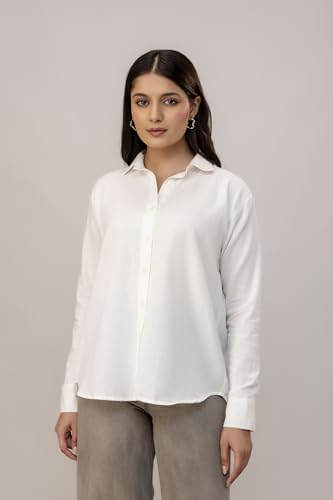 Image of Women's Linen Blend Shirt | Casual Collared Button Down Shirt for Women | Solid Color Full Sleeve Oversized Fit | Summer Casual & Office Wear Top