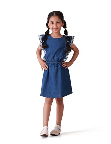 Image of Amazon Brand - Symbol Girl's Denim Cotton Fit and Flare Knee-Length Casual Dress