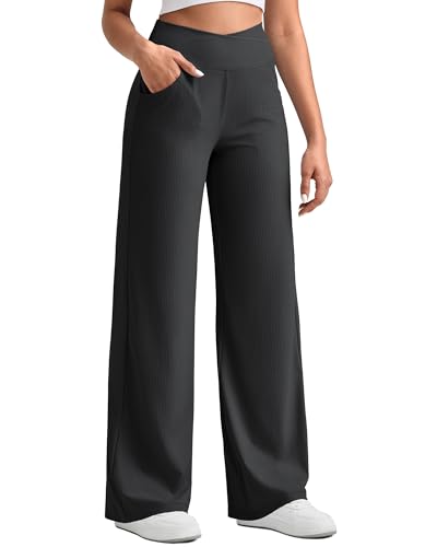 G4Free Breathable Ribbed Wide Leg Pants Women Casual Lightweight High Waist Yoga Pants with Pockets Petite/Regular/Tall