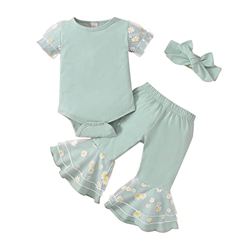 Image of VOLUOVO Newborn Infant Baby Girl Clothes Ruffle Sleeve Romper Top Flared Pants Headband Outfit Set