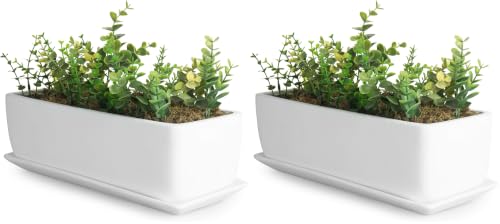 Image of MyGift 14 Inch Ceramic Indoor Plant Pot with Drainage Hole, Rectangular Succulent Planter Window Box with Removable Saucer, Unglazed White (Pack of 2)