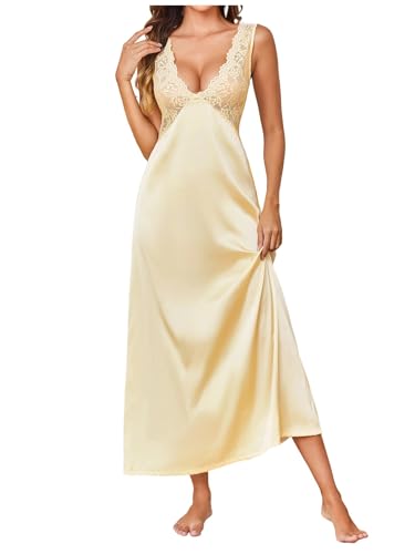 Image of WDIRARA Women's Satin Sleepwear Nightgown | Lace, Backless, Deep V Neck, Sleeveless, Long