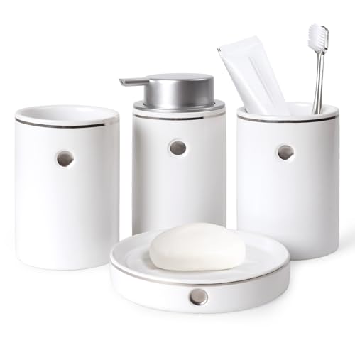 BosilunLife Badezimmer Set Keramik, 4 Teiles Badezimmer Zubehör Set, Badezimmer Organizer mit Seifenspender, Seifenschale, Zahnbürstenhalter*2, Hochwertiges Badezimmer Deko Set (Weiß mit Silver)
