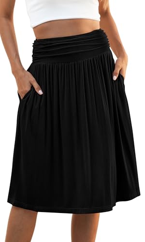 Naggoo Knee Length Skirts for Women with Pockets Trendy Jersey A Line Wide Waist Midi Skirt Black M