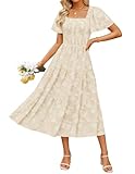 ZESICA Women's Summer Boho Floral Midi Dresses 2025 Casual Short Sleeve Square Neck Flowy Beach Vacation Long Dress,Apricot,Medium