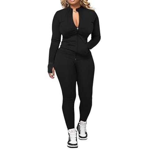 UOUA Two Piece Outfits Women Tracksuit Sets Long Sleeve Zip Up Jacket & Leggings for Gym Workout Set Black M Cover