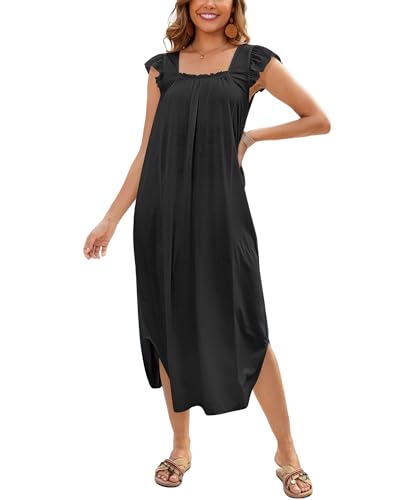 Bsubseach Long Beach Cover Ups for Women Ruffle Cap Short Sleeve Swimsuit Coverup Casual Square Neck Maxi Dresses