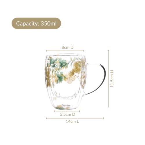 Image of Nestasia Double Wall Glass Mug with Dried Flowers Set of 2 (350ml Each) - Transparent Borosilicate Floral Glass Tea Cups | Lightweight & Durable Coffee Mugs - Perfect for Gifting (Yellow & Green)