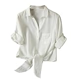 Dauocie Women's Front Tie Tops Casual 3/4 Roll Up Sleeve Button Up Shirts with Pocket White