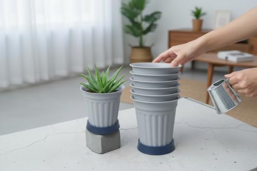 Image of TechHark Gray Plastic Plant Pots with Saucer, Ribbed Style, for Indoor and Outdoor Use, Set of 5