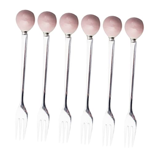 PRETYZOOM 6pcs Mini Fork Ice Fork Creative Flatware Home Tableware for Cake Dessert Ceramic Handle Pink Kitchen Utensils for Birthday Tableware