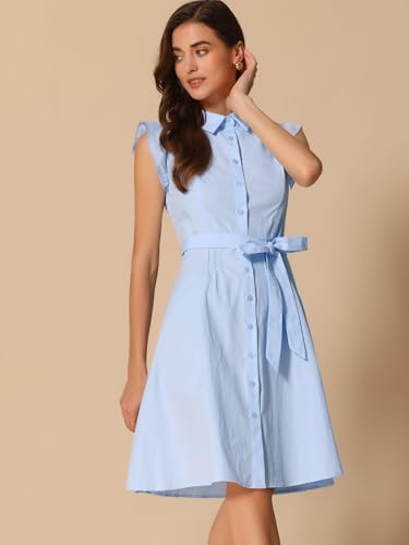 Image of Allegra K Women's Ruffled Sleeve Casual Office Dress Tie Waist Button Down Cotton Shirt Dresses