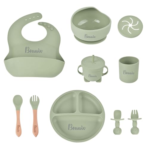 Juego de vajilla de silicona personalizada para bebé, Assiette bébé compartimentée avec ventouse, vajilla de destete para bebé con plato, tazón, tenedor, cuchara, babero y taza