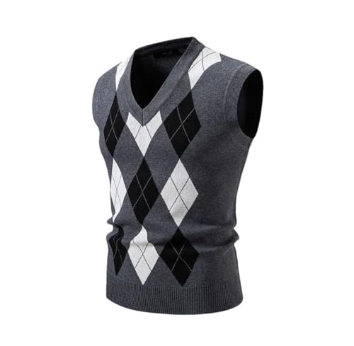 Mens Casual Argyle Knitwear Vest V Neck Sleeveless Slim Fit Pullover Knitted Sweater