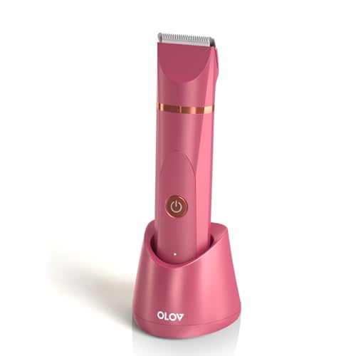 Image of OLOV Electric Body Hair Trimmer - Groin Trimmer for Men - Bikini Trimmer Women - Wet /Dry Shaver Groomer, Replaceable Ceramic Blade Heads, USB Recharge Dock, Waterproof Hygiene Razor, Red