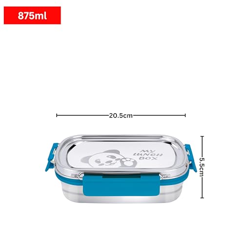 Image of PDDFALCON Stainless Steel Recta Munchy with Panda Print with 100% Leak-Proof, BIS Certified, Jindal Seal & Made in India Lunch Box - 875ml (Recta Munchy Turkish Blue, 875ml)