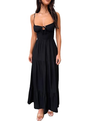 Image of Womens Y2k Long Dress Spaghetti Strap Low Cut Dress Casual Backless Flowy Maxi Dress Clubwear