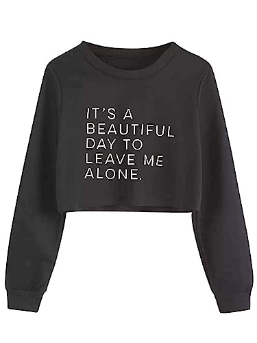 EAST KNITTING Girls Funny Letter Print Crop Tops Big Kids Round Neck Long Sleeve Tops