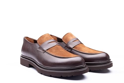 Image of Men's Leather Penny Loafers with Lug Sole - Slip-On Casual Dress Shoes, Full-Grain Leather & Suede Upper, Comfortable Rubber Sole