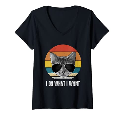 Womens Cat I Do What I Want Vintage Retro Style Cat Lover V-Neck T-Shirt