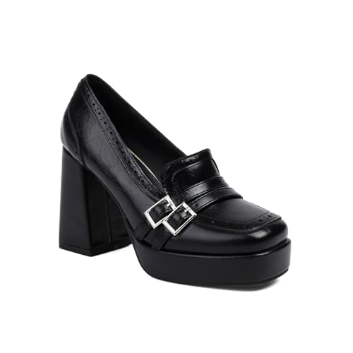 Image of Women's Leather Buckle Chunky High Heel Loafers Pumps Fashion Closed Round Toe Slip On Platform Block Heel Pumps Comfort Office Work Dressy Shoe