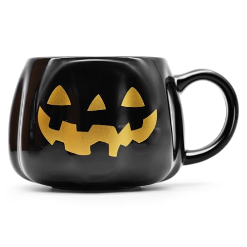 Peclek 12 oz Black Halloween Pumpkin Mug Decorations, Ceramic Jack O’Lantern Coffee Cup with Gold Face, Spooky Cute Halloween Drinkware Gifts for Adults Kids
