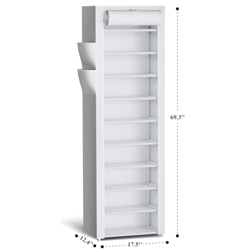 Image of Kitsure Shoe Rack - 10-Tier Large Capacity Shoe Organizer Shelf with Dust Cover & Side Pockets, Rust-Proof Metal Shoe Rack for Closet, Entrance, Living Room, 17.5 inch x 12.4 inch x 69.3 inch, White