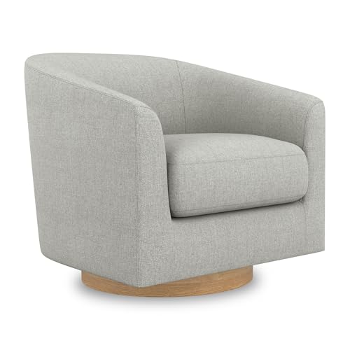 Image of Swivel Accent Chair, Upholstered Modern Barrel-Curved Armchair, Linen Fabric Comfty Sofa Reading Chair with Solid Wood Base for Bedroom, Club, Living Room, Light Grey