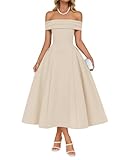 ZESICA Summer Cocktail Dresses for Women's Elegant Off Shoulder Short Sleeve Swing A Line Wedding Evening Party Midi Dress Apricot Medium