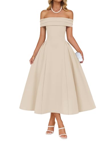 ZESICA Summer Cocktail Dresses for Women's Elegant Off Shoulder Short Sleeve Swing A Line Wedding Evening Party Midi Dress Apricot Medium