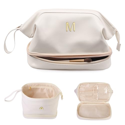 Stocking Stuffers for Women-Birthday Gifts-Teen Girl Gifts Trendy Stuff Initial Makeup Bag for Women, Double Layer Cosmetic Bag with Makeup Brush Organizer, Travel Toiletry Bag,Bride Gift