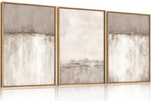 Image of KAIRNE Large Neutral Gray Framed Canvas Wall Art Set, Abstract Duotone Gray Tan Wall Decor, Neutral Watercolor Shape Wall Pinting, Modern Landscape Art Print for Living Room,Bedroom,Office-16 x24 x3