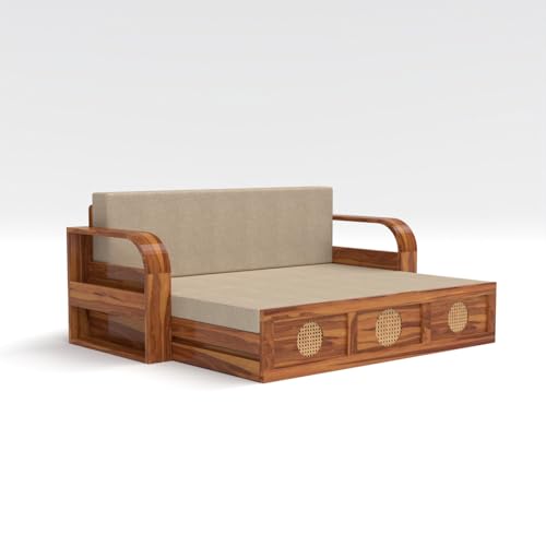 Image of Kunjal Furniture Solid Sheesham Wood Sofa Cum Bed with Storage for Living Room | Natural Finish | 3-Seater Convertible Sofa Bed | Handmade Wooden Furniture (Natural, Round Cane)